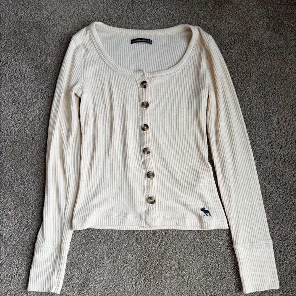 Abercrombie & Fitch Cream Button-Up Ribbed Top